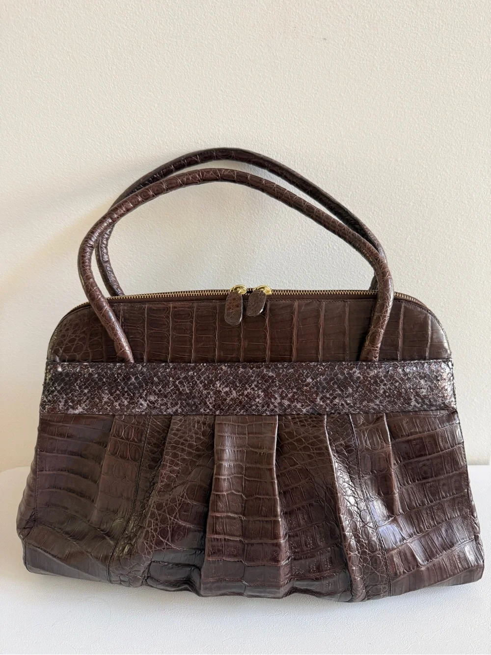 NANCY GONZALEZ Genuine Crocodile Top Handle Shoulder Bag Handbag, Brown